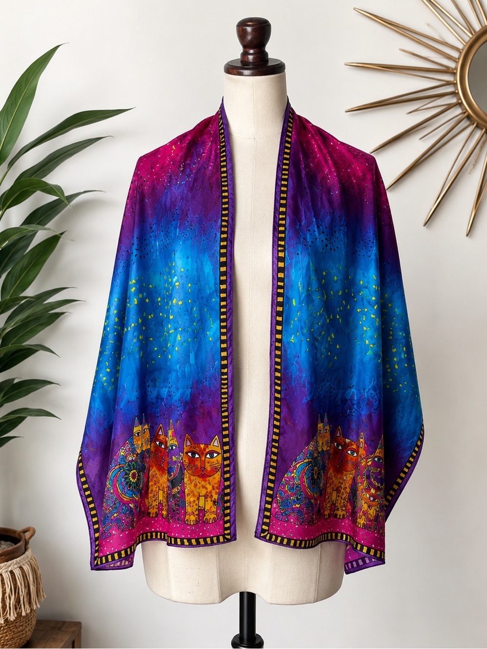 Laurel Burch Authentic Designs 100% Silk Colorful Cat Scarf Vintage Whimsical